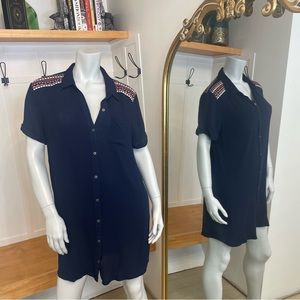 Miss Me Navy Embroidered Button Down Tunic Dress